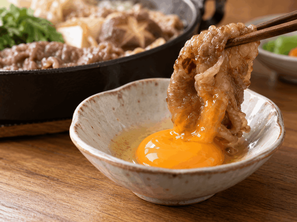 溶き卵にすき焼きの牛肉をくぐらせている様子
